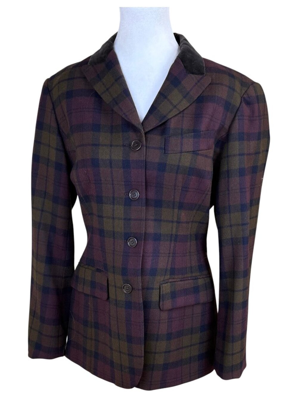 Finity Wool Blazer Jacket Plaid Brown Purple Velvet Collar (6)